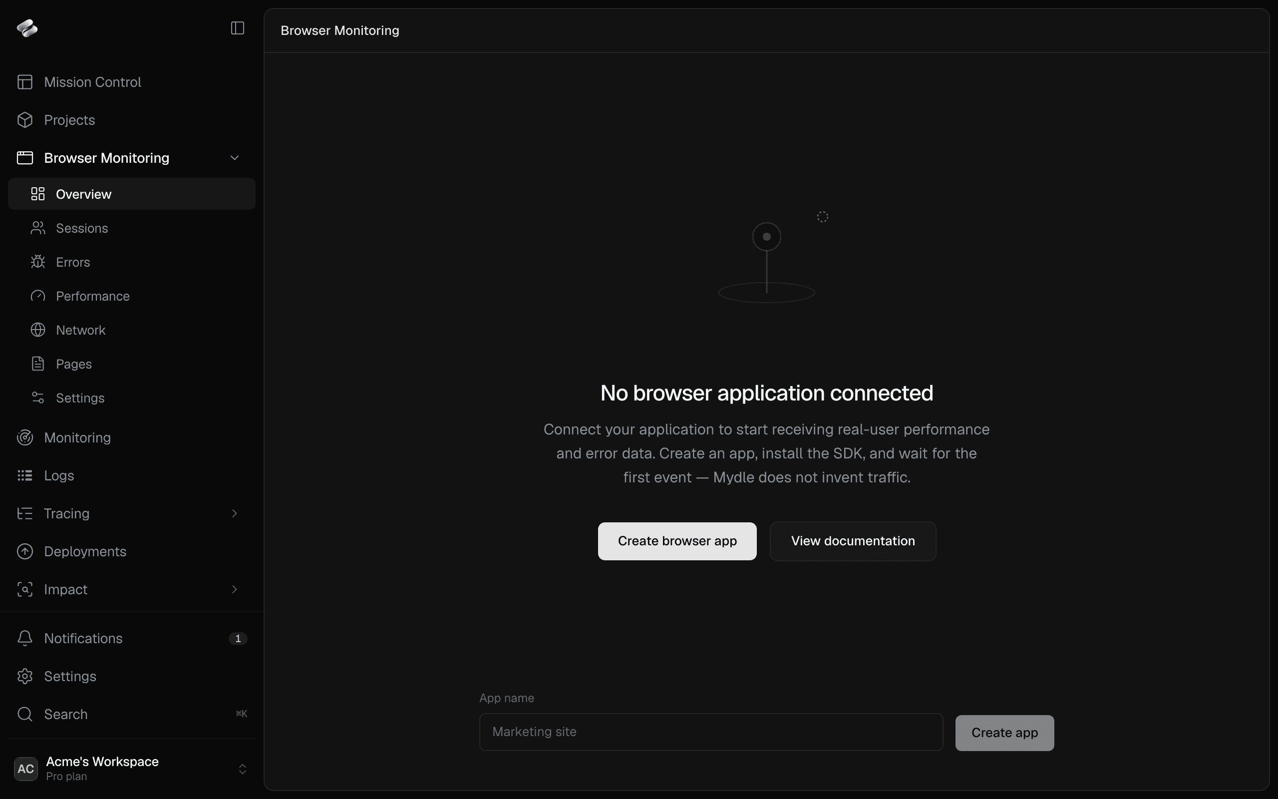 The empty Browser Monitoring page with the Create app form.