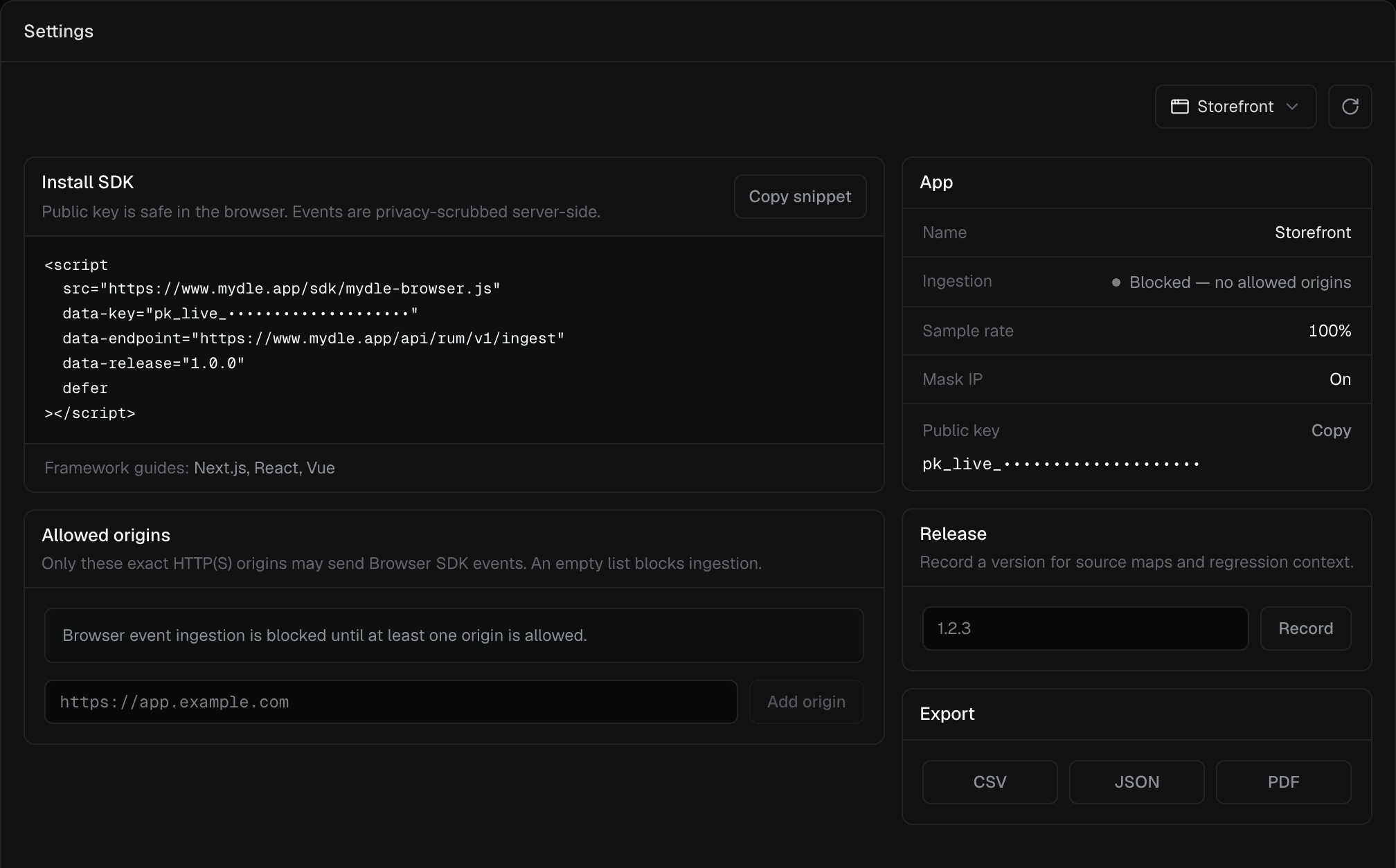 Browser app settings with the Install SDK snippet, app details, and an empty allowed origins list.