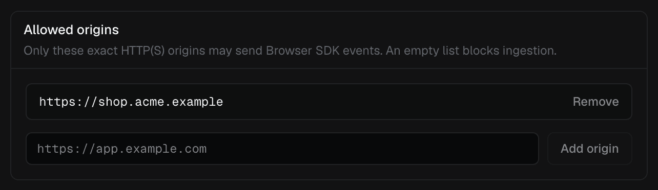The Allowed origins list containing https://shop.acme.example.