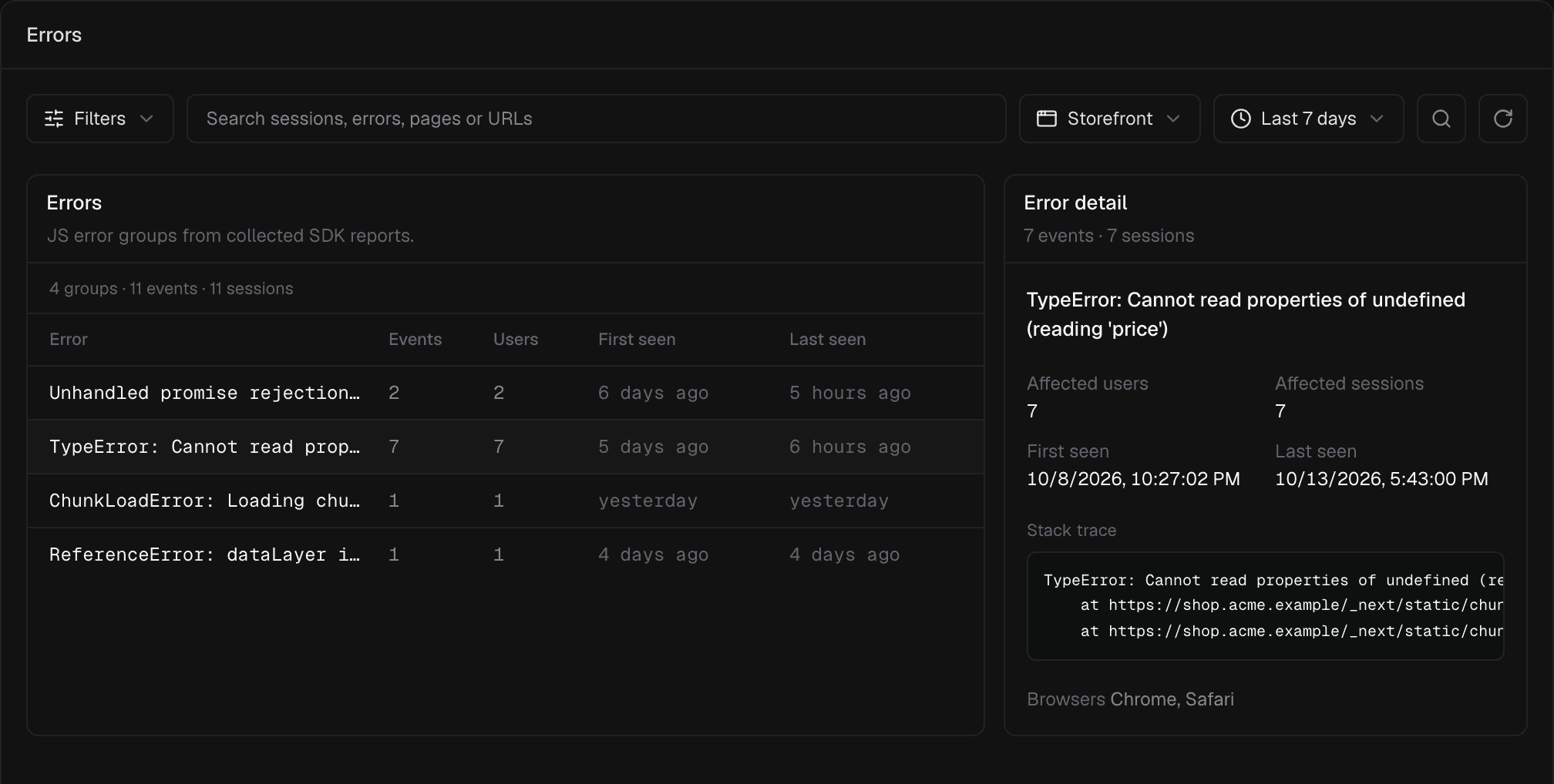 The Errors view with the TypeError group selected and its stack trace.