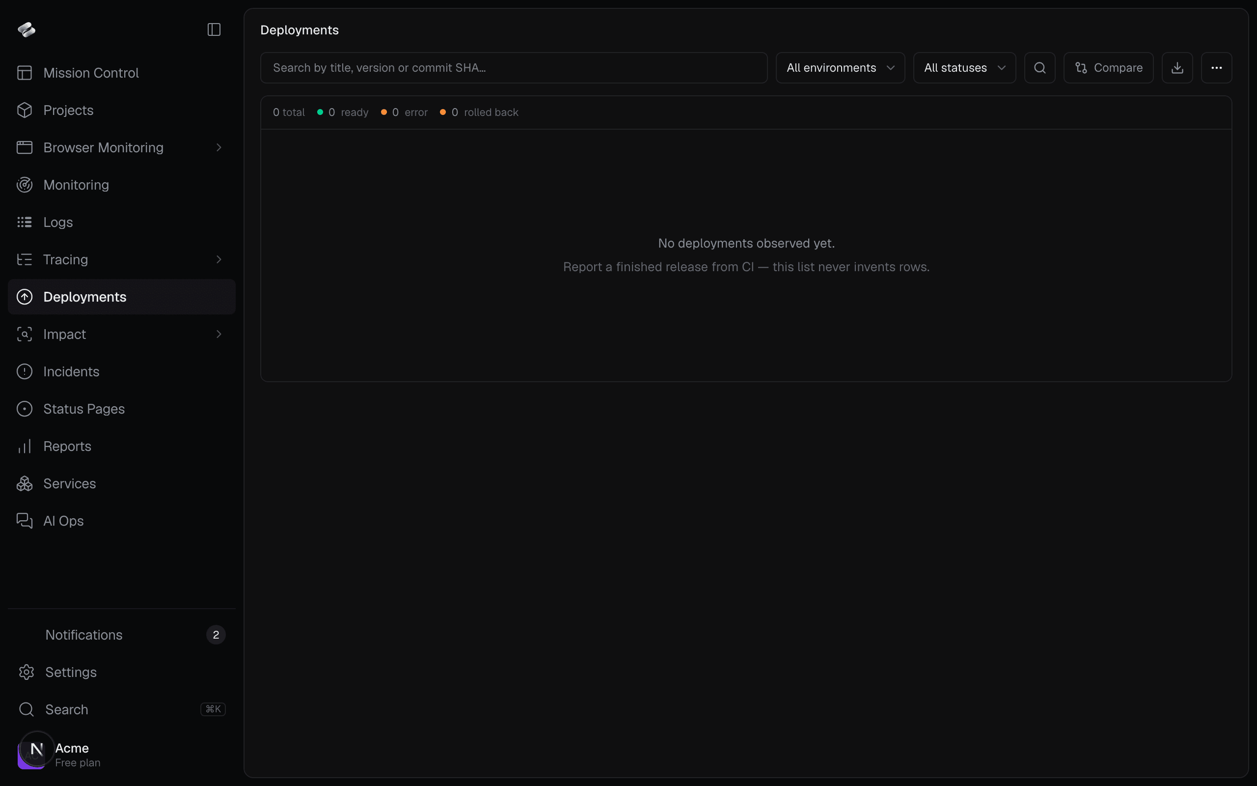 The empty Deployments explorer with Deployments selected in the sidebar.