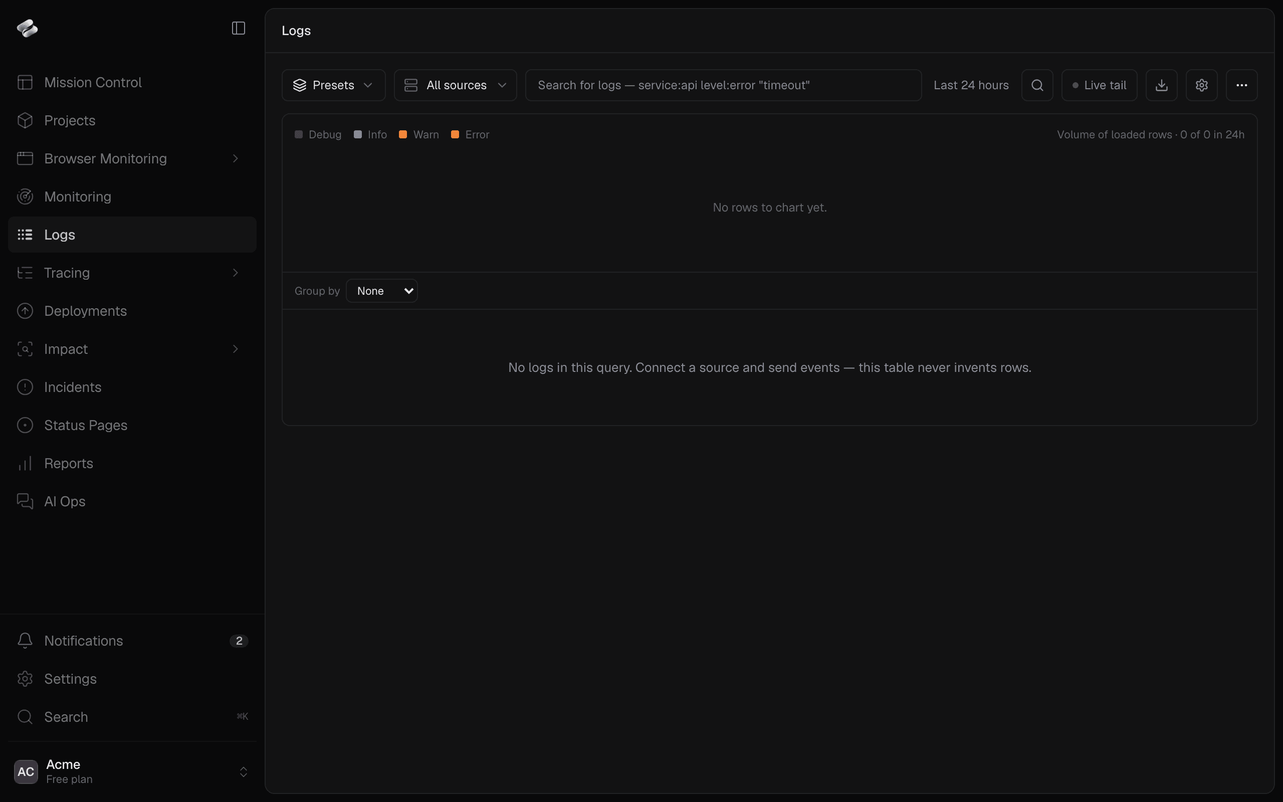 The empty Logs explorer with the Logs item selected in the sidebar.