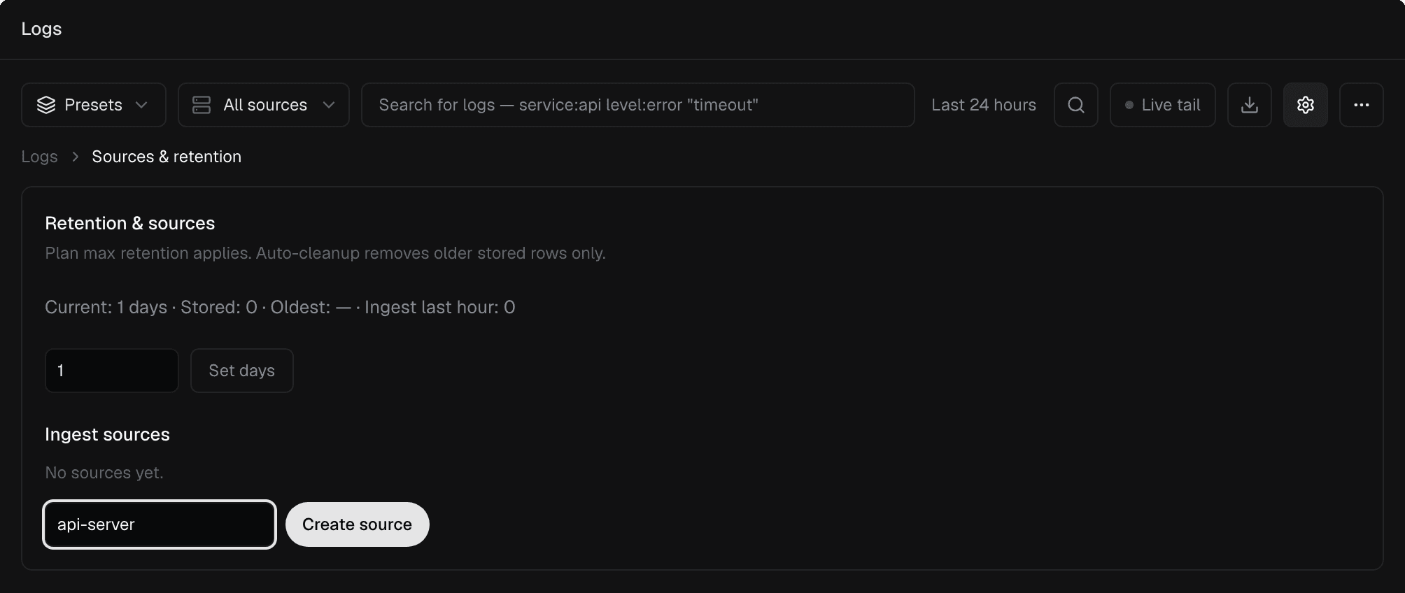 Typing api-server into the Source name field next to the Create source button.