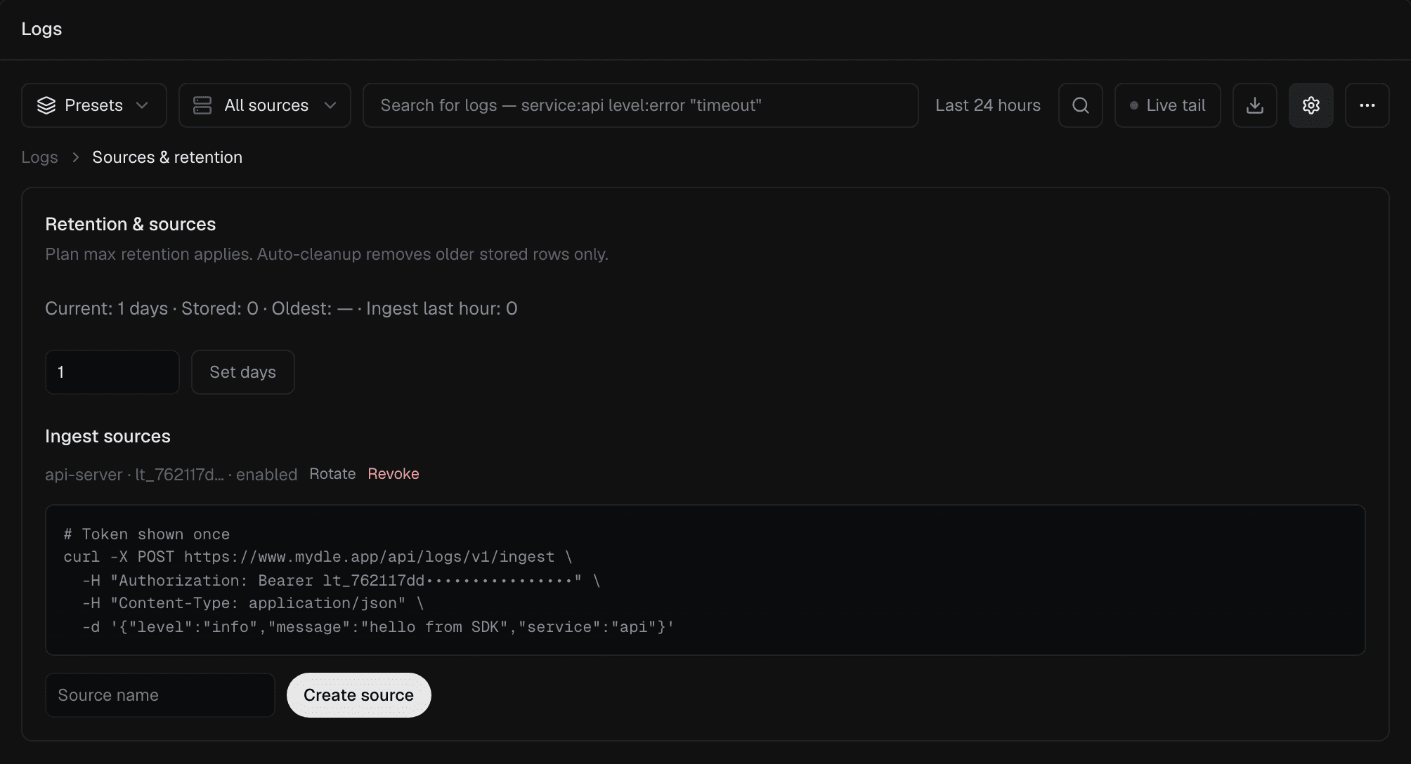 The new api-server source with the one-time token and a curl example.