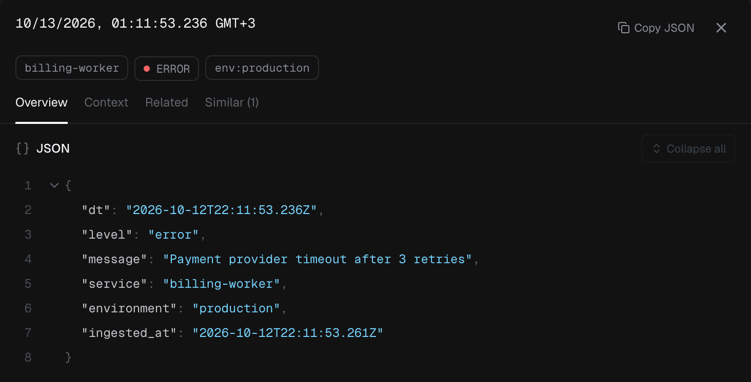 The log detail panel showing the error event as JSON.