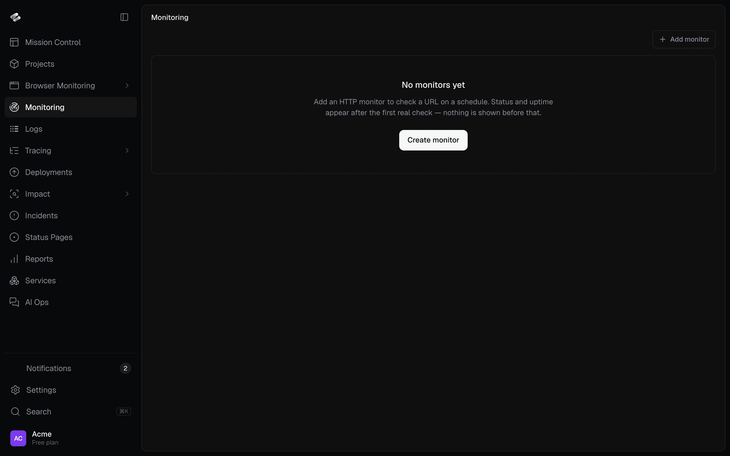 The empty Monitoring page with Create monitor and Add monitor actions.