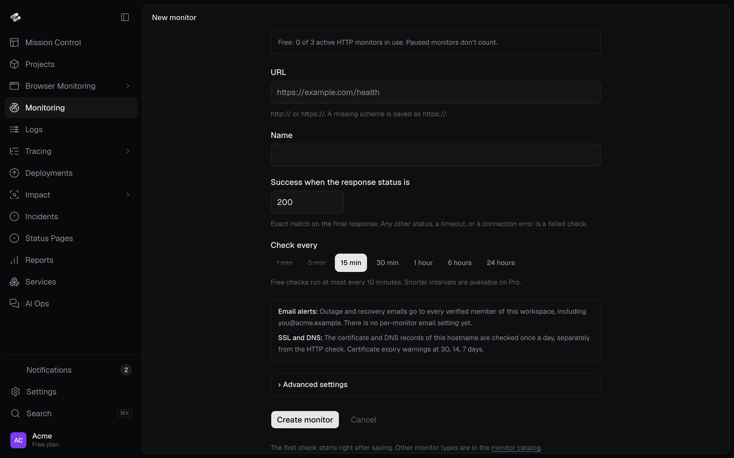 The New monitor form with URL, expected status, interval, email alerts, and SSL and DNS notes.