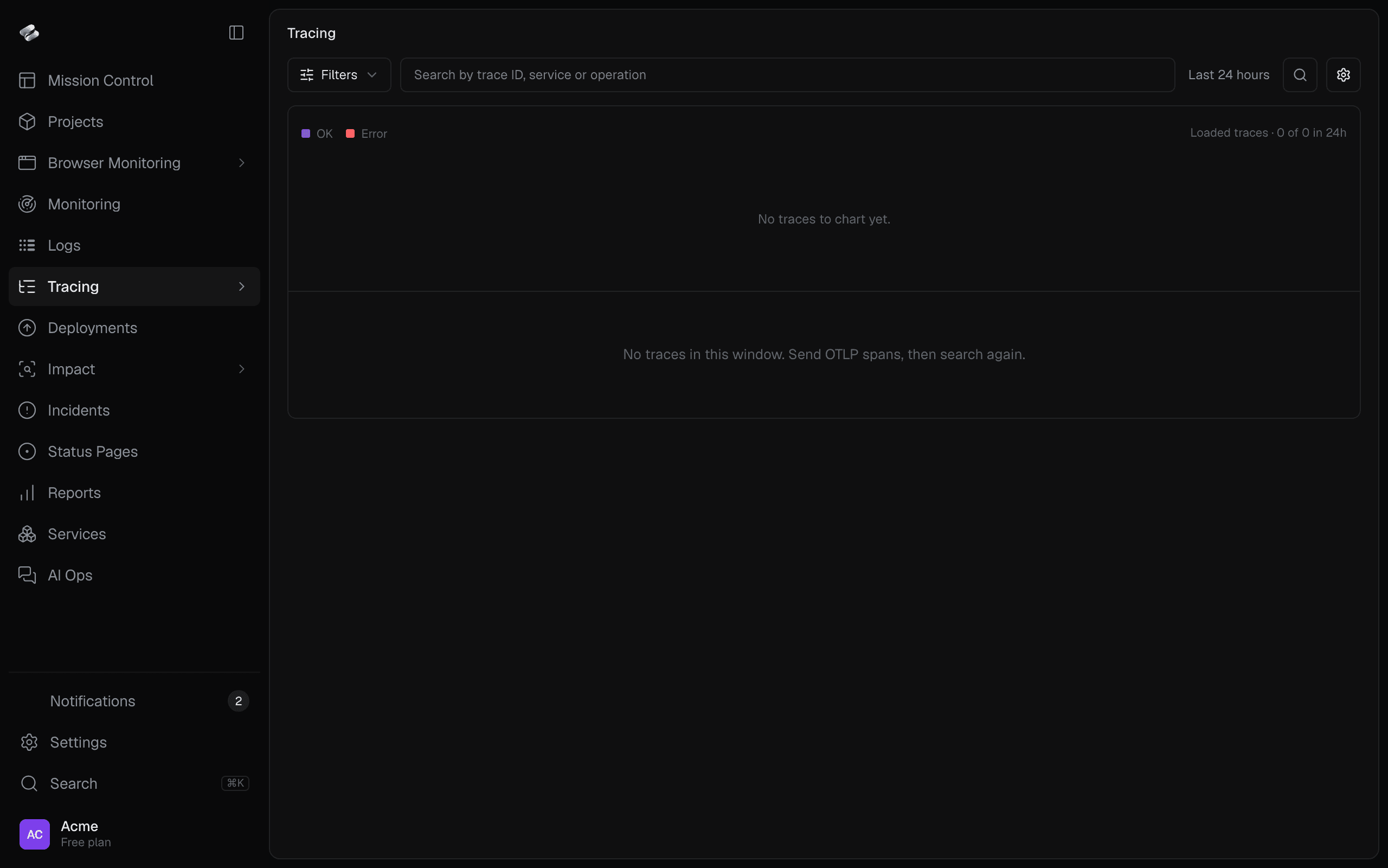 The empty Tracing explorer with Tracing selected in the sidebar.
