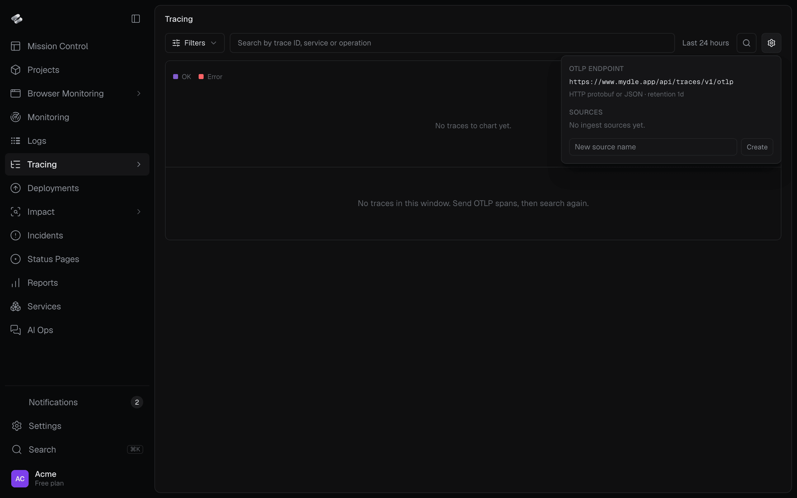 The Sources & ingest panel showing the OTLP endpoint and an empty sources list.